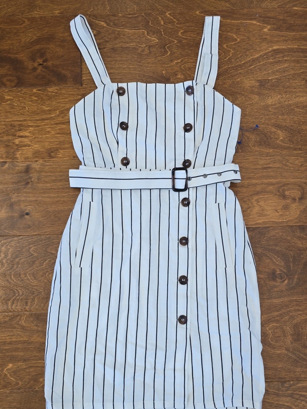 Forever 21 White Midi Dress with Black Vertical Stripes and Belt